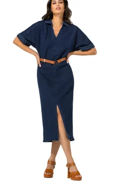 1114-23 / Rechtvallende Midi Jurk In Jeans Met Stretch