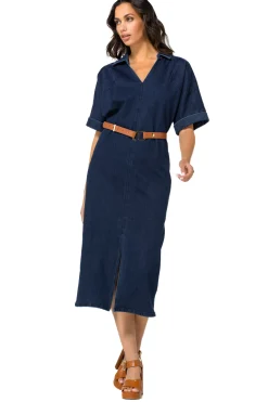 1114-23 / Rechtvallende Midi Jurk In Jeans Met Stretch